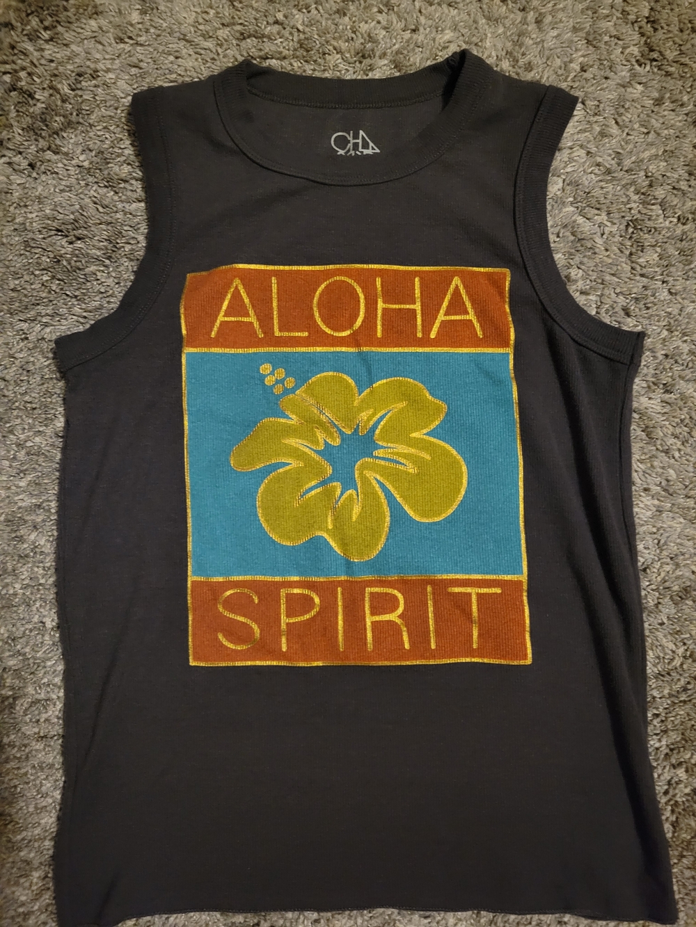 Anthropologie Black Tank Top with Turquoise and Mustard Aloha Graphic
